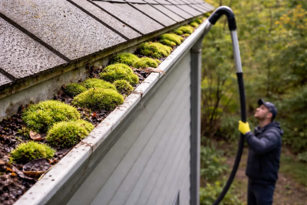A professional gutter cleaner removing moss from a house roof