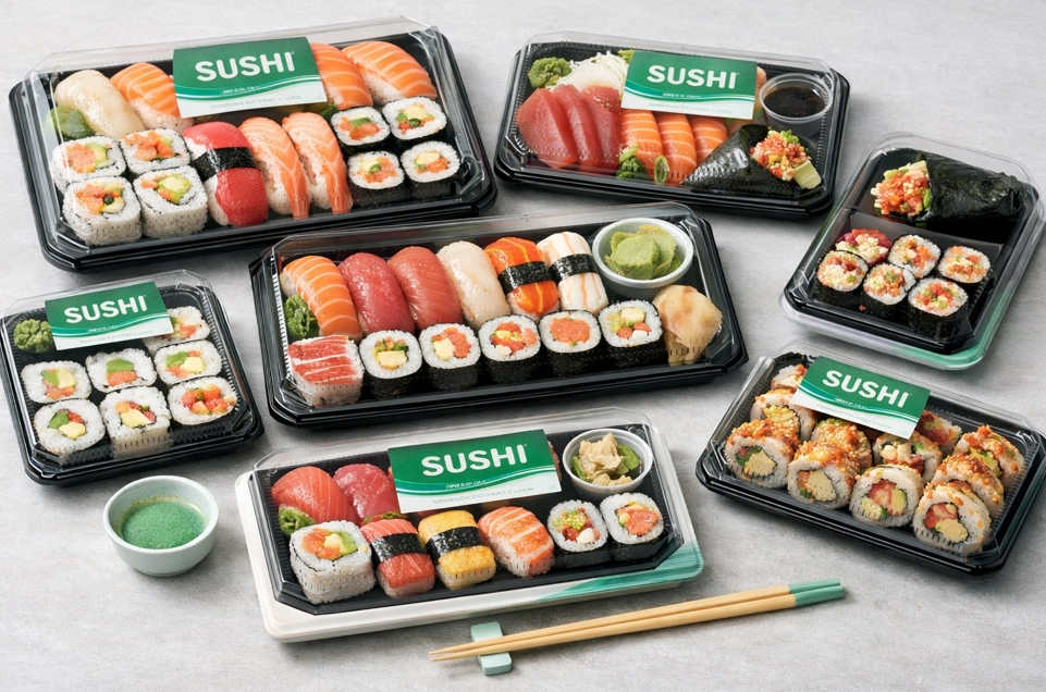 Image: a range of sushi products of different sizes and prices can be purchased from the Sushi Vending machines. A diverse range of products targets a varied demographic appealing to a wide audience.